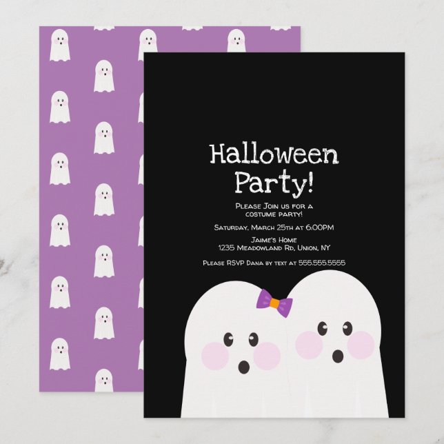 Niedlich Ghost Couple Halloween-Party Lila Einladung (Vorne/Hinten)