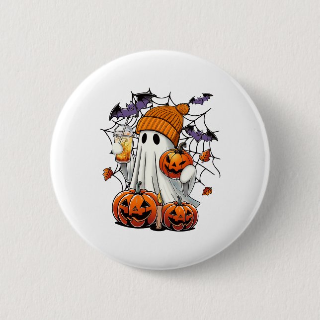 Niedlich Ghost Drink Kaffee Halloween Ghost Ice Co Button (Vorderseite)