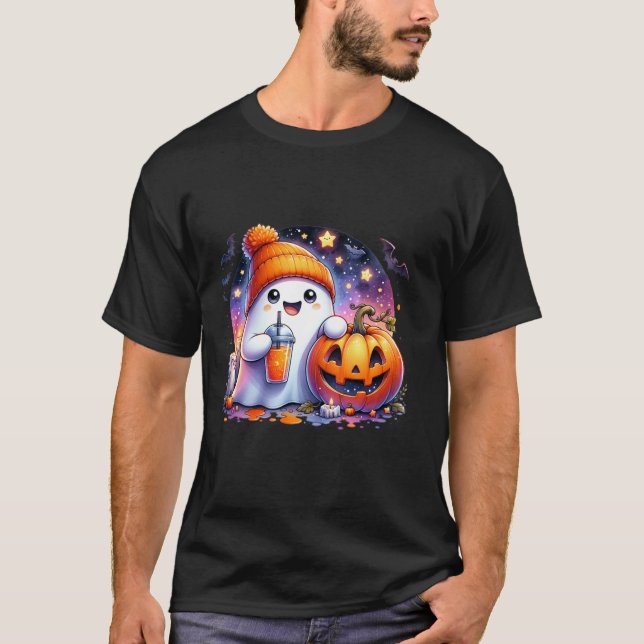 Niedlich Ghost Drink Kaffeespezialitäten Halloween T-Shirt (Vorderseite)