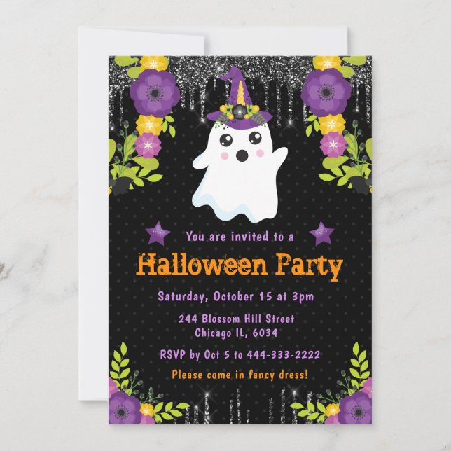 Niedlich Ghost Floral Halloween-Party Einladung (Vorderseite)