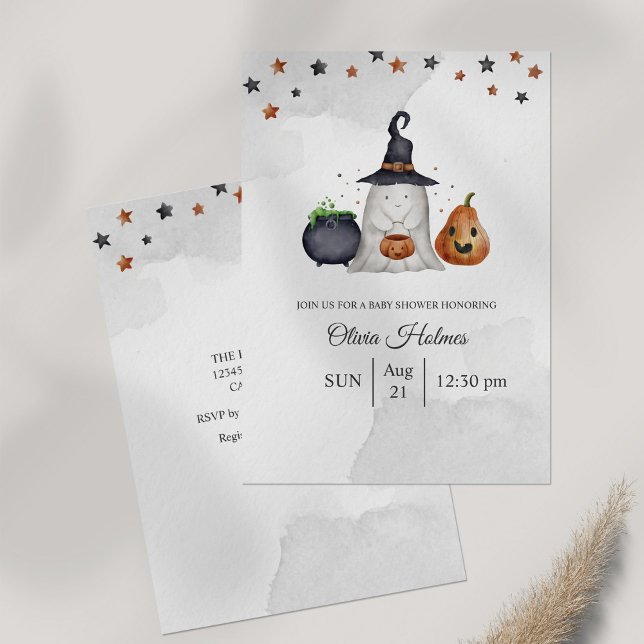 Niedlich Ghost Halloween Kinderdusche Einladung (Halloween Baby Shower Invitation on gray table.)