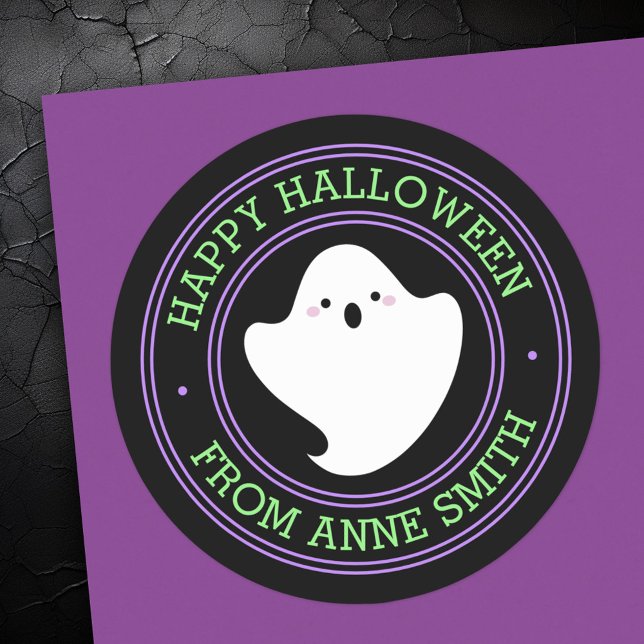 Niedlich Ghost Happy Halloween aus dem individuell Runder Aufkleber (Cute ghost Happy Halloween from custom name Classic Round Sticker)