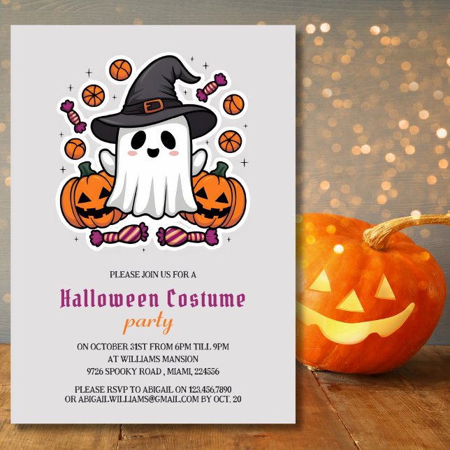 Niedlich Ghost Kids Halloween Kostüm Party Einladung (Cute Ghost and Pumpkins | Kids Halloween Costume Party Invitation for Kids)