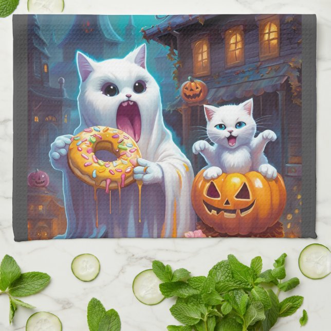 Niedlich Ghost N Kitten, Pumpkin und Donut Geschirrtuch (Gefaltet)