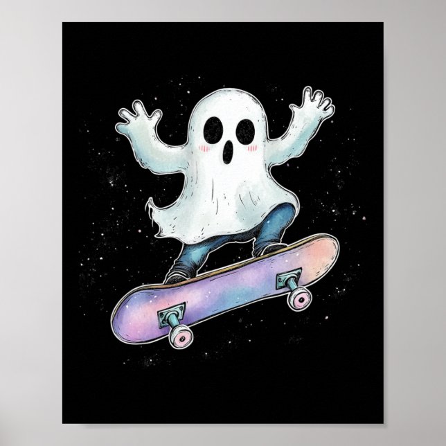 Niedlich Ghost on Skateboard Funny Halloween Skate Poster (Vorne)
