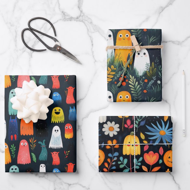 Niedlich Ghost Pattern Wasserfarbenfrohen BlumenHa Geschenkpapier Set (Vorderseite)