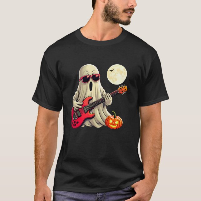 Niedlich Ghost Playing Gitarre Halloween Pumpkin G T-Shirt (Vorderseite)