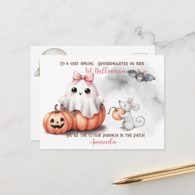 Niedlich Ghost Pumpkin Bat Halloween Postkarte (Vorderseite/Rückseite Beispiel)