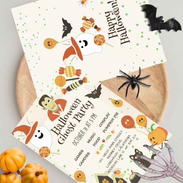 Niedlich Ghost Pumpkin Bat Kids Halloween-Party Einladung (Von Creator hochgeladen)