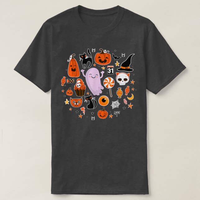 Niedlich Ghost Pumpkin Black Cat Hexenhut Candy Fu T-Shirt (Design vorne)