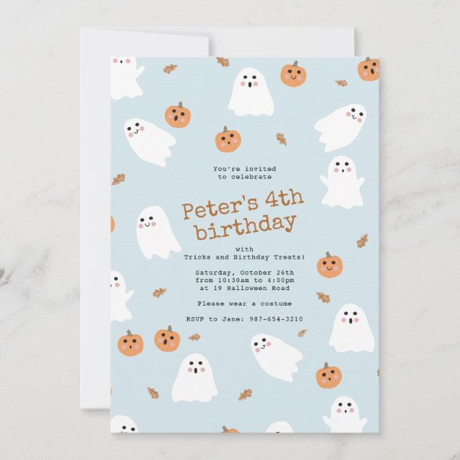 Niedlich Ghost & Pumpkin Blue Halloween Geburtstag Einladung (Vorderseite)