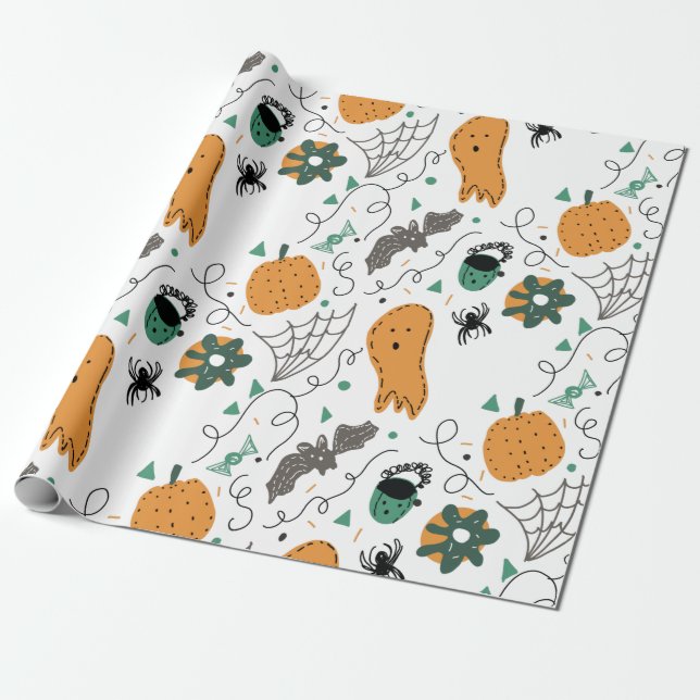 Niedlich Ghost Pumpkin Halloween Doodle Illustrati Geschenkpapier (Ungerollt)