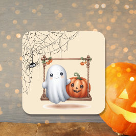 Niedlich Ghost Pumpkin Halloween Quadratischer Aufkleber