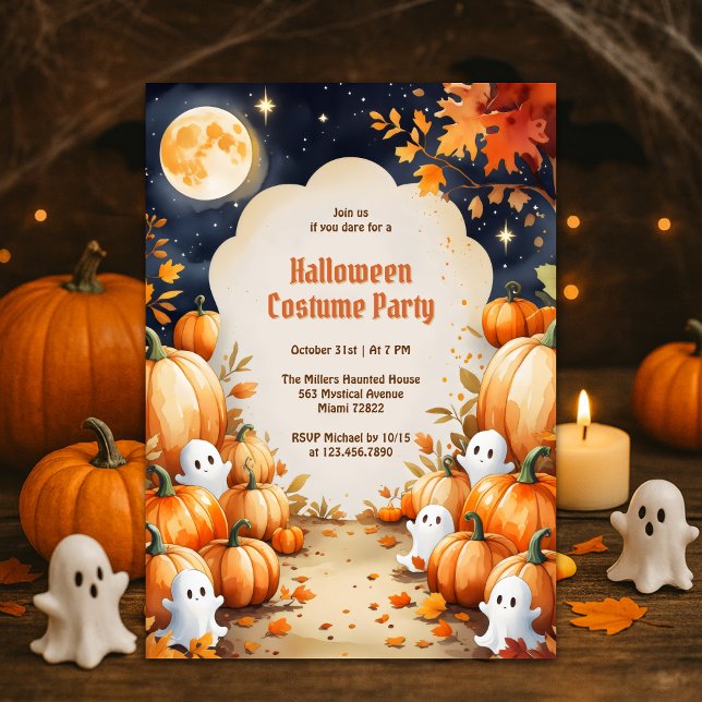 Niedlich Ghost & Pumpkin Kids Halloween Kostüm Par Einladung (Cute Ghost & Pumpkin Kids Halloween Costume Party Invitation Spooky-Cute Full Moon Night)