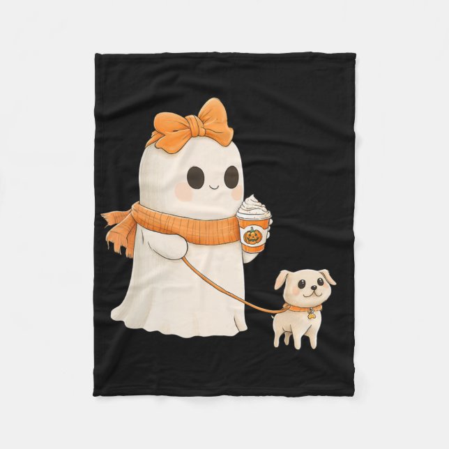Niedlich Ghost Walking Dog Coquette Bow Halloween  Fleecedecke (Vorderseite)