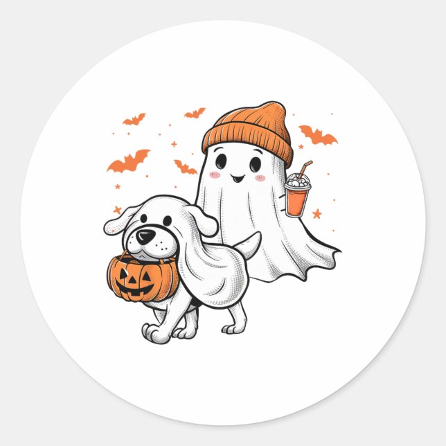 Niedlich Ghost Walking Dog Coquette Bow Halloween  Runder Aufkleber (Vorderseite)