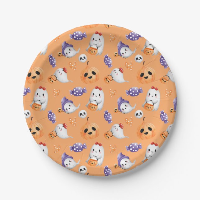 Niedlich Ghosts Muster Orange Halloween Kinderdusc Pappteller (Vorderseite)