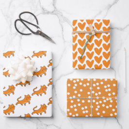 Niedlich Ginger Cat Cartoon & Orange Punkts Kinder Geschenkpapier Set