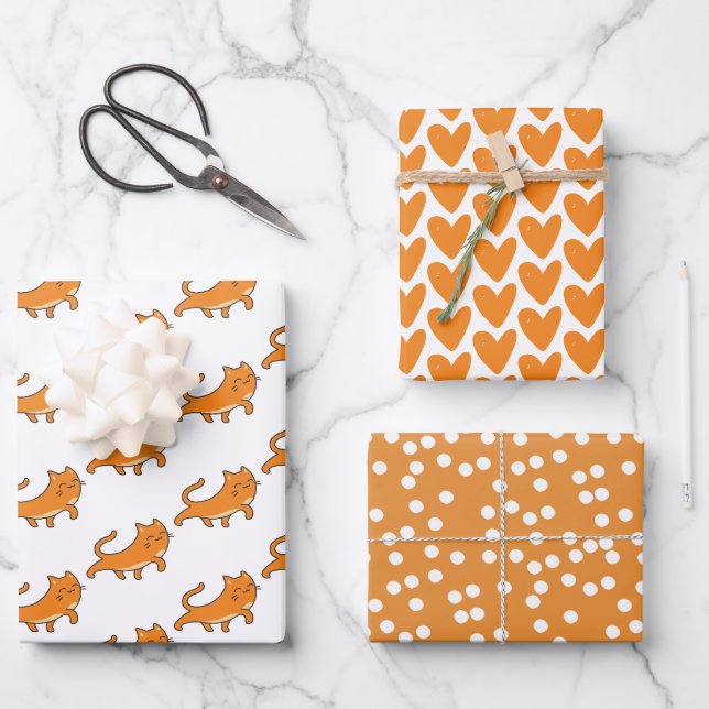 Niedlich Ginger Cat Cartoon & Orange Punkts Kinder Geschenkpapier Set (Vorderseite)