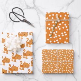 Niedlich Ginger Cat Cartoon & Orange Punkts Kinder Geschenkpapier Set