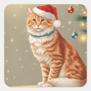 Niedlich Ginger Cat Christmas Quadratischer Aufkleber