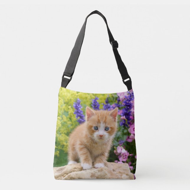 Niedlich Ginger Cat Kitten im Blumengarten Foto am Tragetaschen Mit Langen Trägern (Vorderseite)