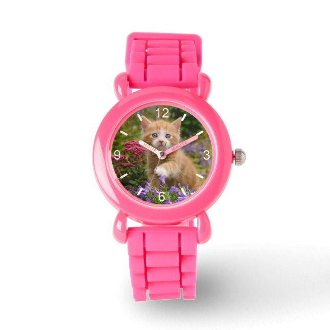 Niedlich Ginger Cat Kitten in Garden Girls Wählsch Armbanduhr (Vorderseite)