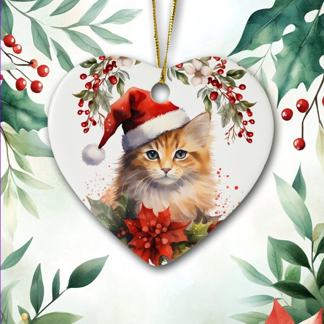 Niedlich Ginger Orange Cat Holly Berry Weihnachten Keramik Ornament (Von Creator hochgeladen)