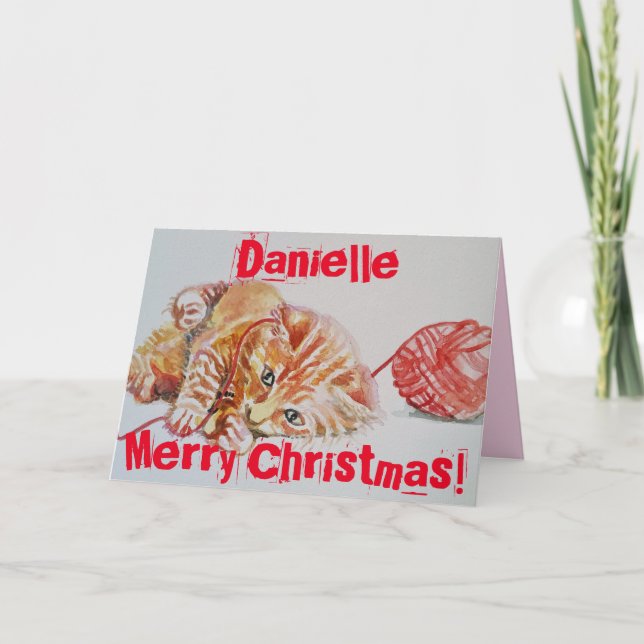 Niedlich Ginger Tabby Cat Playing Wolle Weihnachts Karte (Vorderseite)