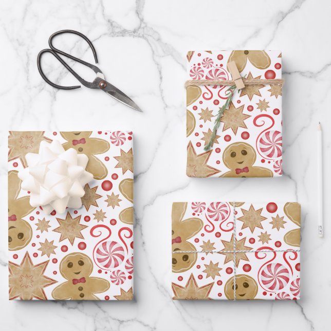 Niedlich Gingerbread Man & Peppermint Weihnachten Geschenkpapier Set (Vorderseite)