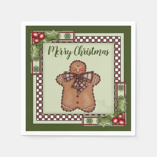 Niedlich Gingerbread Man und Holly Frohe Weihnacht Serviette (Vorderseite)