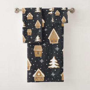 Niedlich Gingerbread Village Fir Trees Blauer Weih Badhandtuch Set