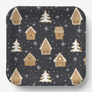 Niedlich Gingerbread Village Fir Trees Blauer Weih Pappteller