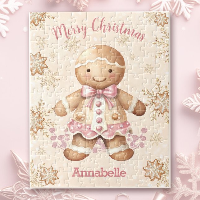 Niedlich Gingerbrei Man Girl Pink Name Weihnachten (Cute Gingerbread Man Girl Pink Name Christmas Jigsaw Puzzle)