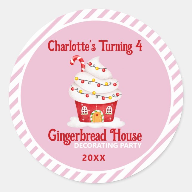 Niedlich Gingerbrot House Candy Cane Pink Geburtst Runder Aufkleber (Vorderseite)