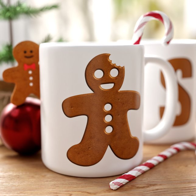 Niedlich Gingerbrot Man Cookie Monogram Weihnachte Jumbo-Tasse (A fun and festive large coffee mug featuring a Christmas Cookie  Gingerbread Man and your initial)