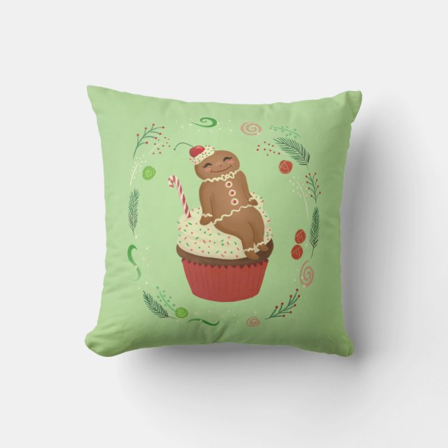 Niedlich Gingerbrot Man Green Throw Kissen (Vorderseite)