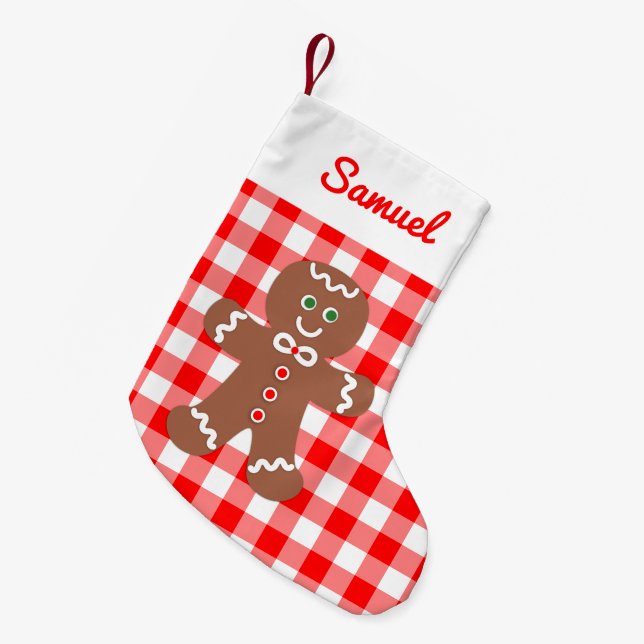 Niedlich Gingerbrot Man Red Gingham Monogramm Kleiner Weihnachtsstrumpf (Vorderansicht (hängend))