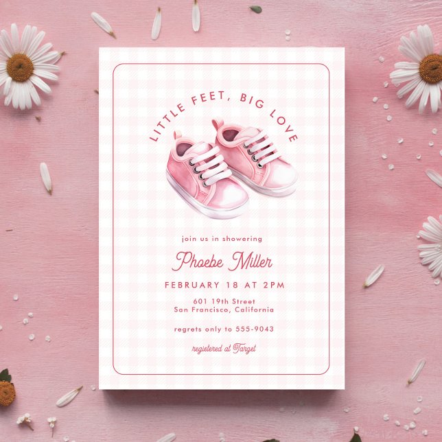 Niedlich Gingham Baby Sneakers Pink Baby Dusche Einladung (Von Creator hochgeladen)