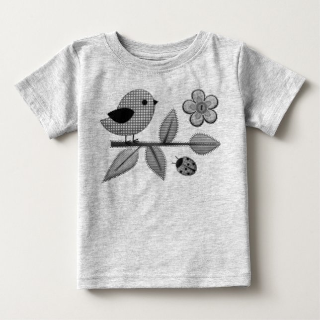Niedlich Gingham Bird und Ladybug Garden Art Baby T-shirt (Vorderseite)