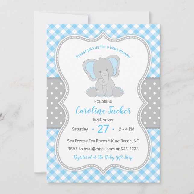Niedlich Gingham Blue Gray Elephant Babydusche Einladung (Vorderseite)