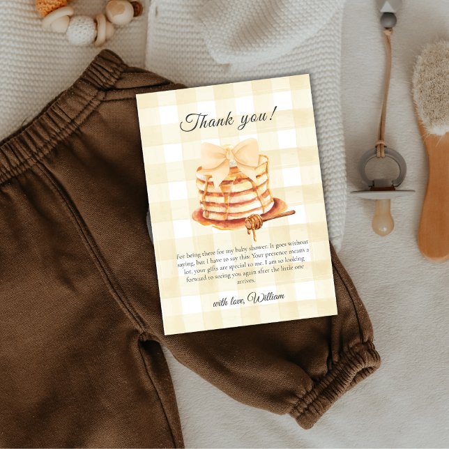 Niedlich Gingham Bow Pancake Brunch Babydusche Dankeskarte (Cute Gingham Bow Pancake Brunch Baby Shower Thank You Card)