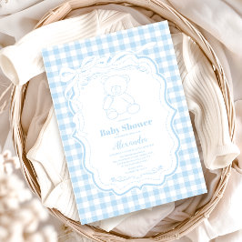 Niedlich Gingham French Teddy Bear Baby Shower Einladung