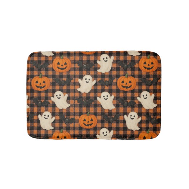 Niedlich, Gingham-halloween-Geist-Kürbisbäume Badematte (Vorderseite)