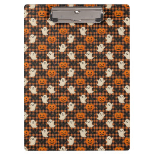 Niedlich, Gingham-halloween-Geist-Kürbisbäume Klemmbrett