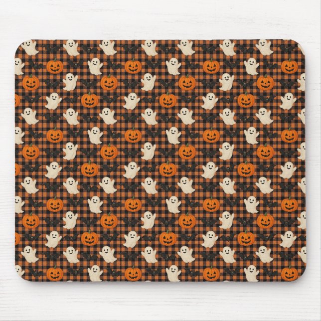 Niedlich, Gingham-halloween-Geist-Kürbisbäume Mousepad (Vorne)