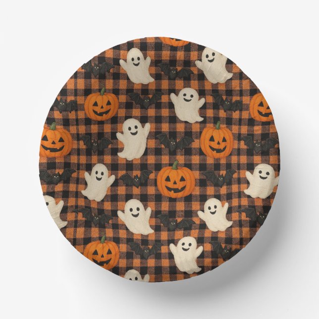 Niedlich, Gingham-halloween-Geist-Kürbisbäume Pappteller (Vorderseite)