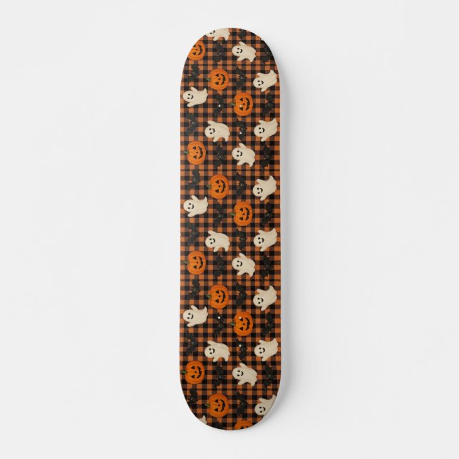 Niedlich, Gingham-halloween-Geist-Kürbisbäume Skateboard (Vorne)