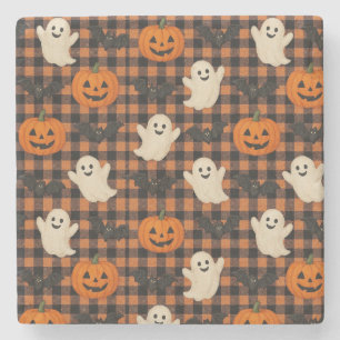 Niedlich, Gingham-halloween-Geist-Kürbisbäume Steinuntersetzer