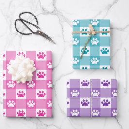 Niedlich Gingham Paw Print Pattern Pink Aquamarin  Geschenkpapier Set